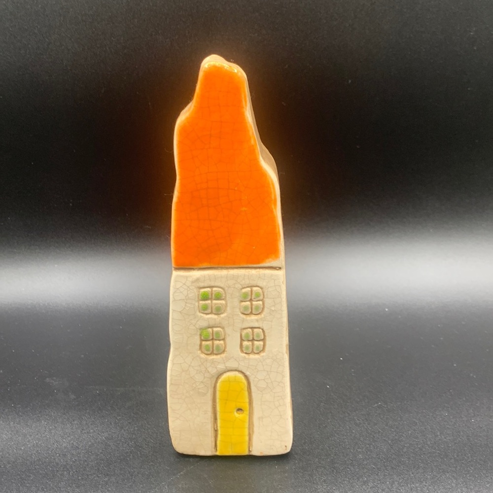 Ceramic Orange Roofed Crackled House Vase Embossed Green Windows & Yellow Door